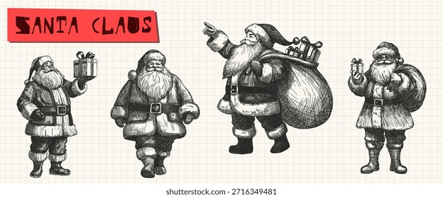 Conjunto de Santa Claus dibujado a mano dibujado a mano boceto en blanco y negro Navidades de temporada tarjeta de felicitación elemento de diseño de vacaciones línea de arte detallado de Ilustración vectorial colección
