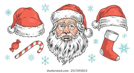 Santa Claus set labels colorful with wizard portrait or hats and sock near candy canes vector illustration