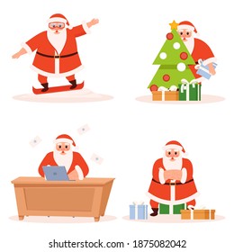 Santa Claus set on a white background. Santa collection for Christmas and New Year. Santa is dressing up the Christmas tree, on computer, snowboarding . Vector illustration