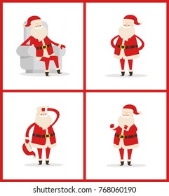 Santa Claus set of posters isolated on white background. Vector illustration with Christmas character in traditional red costume in light big chair