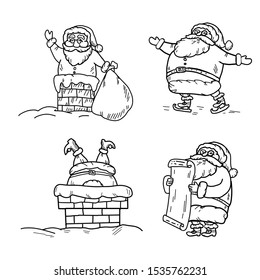 Santa Claus set. Santa reads a wish list, skates. Santa Claus in the chimney and with big bag of gifts.