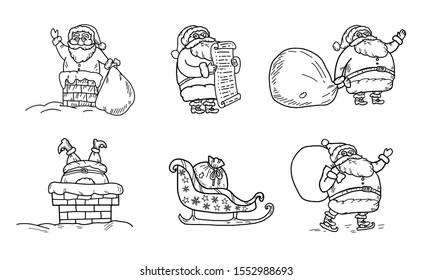 Santa Claus set. Santa reads a wish list. Santa Claus in the chimney and with big bag of gifts.