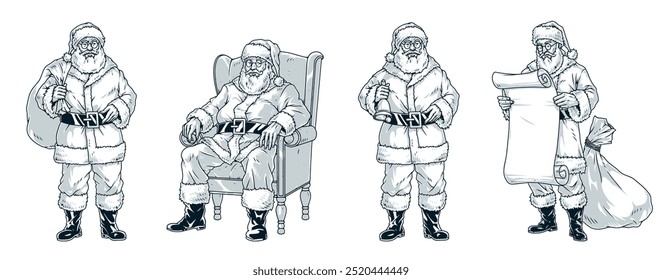 Santa Claus set stickers monochrome bags filled with gifts near father frost sitting in chair or reading list vector illustration