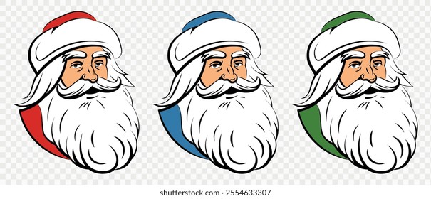 Santa Claus set. Vintage Santa Claus heads. Symbol of New Year and Christmas. Vector flat illustration on transparent background