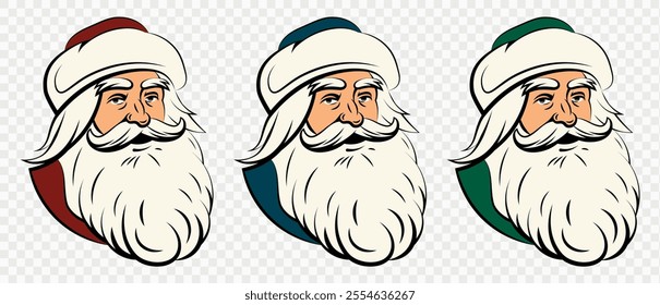 Santa Claus set. Vintage Santa Claus heads. Symbol of New Year and Christmas. Vector flat illustration on transparent background