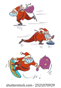 Santa Claus set and winter sports. Outdoor activities for friends on New Year's Eve. Red mascot on the eve of the holiday. Comic cartoon pop art retro vector illustration hand drawing. On a white