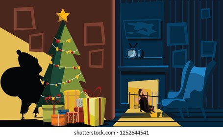 santa Claus shadow in living room vector illustration