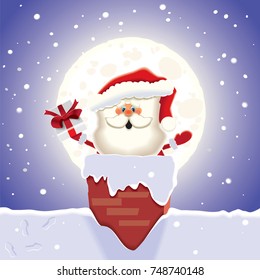 Santa Claus shares gifts through a chimney with a snowfall and moon on the background. Vector illustration.