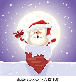 Santa Claus shares gifts through a chimney with a snowfall and moon on the background.Vector illustration.