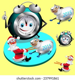 Santa Claus and sheep and watches celebrate the New Year. Vector illustration