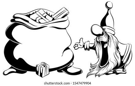 Santa Claus is shocked as he prepared a bag with gifts for the holidays in black and white style