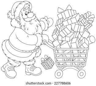 Santa Claus with a shopping cart of Christmas gifts