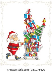 Santa Claus with Shopping Cart Vector Cartoon - Vector of Santa shopping a huge pile of Christmas gifts
