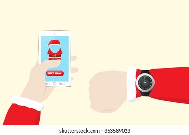 Santa Claus Shopping At Christmas - Last Minute Deal With Mobile E-Commerce. Vector Illustration For Retail Business