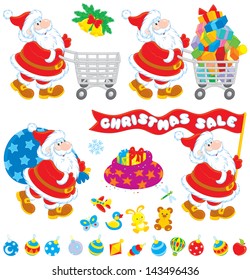 Santa Claus with a shopping trolley, gift bag, flag and Christmas toys