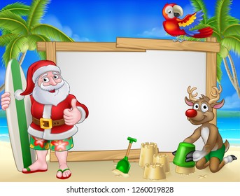 Santa Claus in shorts and flip flops with his reindeer holding a surfboard on a tropical beach with palm trees and parrot Christmas cartoon sign background.