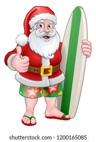 Santa Claus in shorts holding his surfboard Christmas cartoon