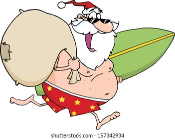 Santa Claus In Shorts, Running With A Surfboard And Bag