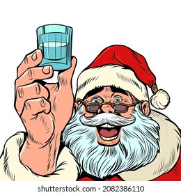 Santa Claus and a shot of vodka. Holiday party Christmas and New Year, winter seasonal holiday in December