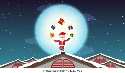 Santa Claus show standing with one leg and throwing gift boxes on roof snow floor, Background of full moon in night sky, Concept Christmas Holiday, Happy New Year, Flat design Vector illustration