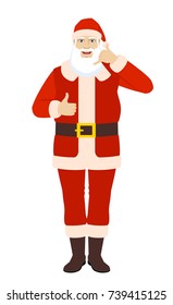  Santa Claus showing a call me sign and showing thumb up. Full length portrait of Santa Claus in a flat style. Vector illustration.