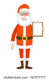 Santa Claus showing clipboard. Full length portrait of Cartoon Santa Claus Character. Vector illustration in a flat style.