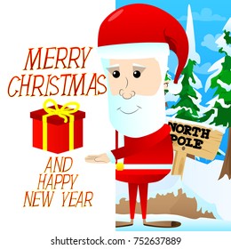 Santa Claus showing Merry Christmas title written in blank space. Vector cartoon character illustration. 