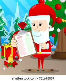 Santa Claus showing naughty or nice list . Vector cartoon character illustration.