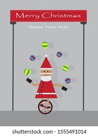 Santa Claus is showing the performance, throw the ball from the left hand to the right and stand on a bicycle with one wheel. Happy new year and merry christmas concept - vector