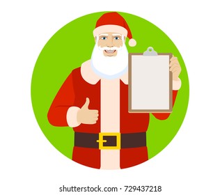 Santa Claus showing thumb up and holding clipboard. Portrait of Santa Claus in a flat style. Vector illustration.