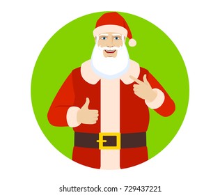 Santa Claus showing thumb up and pointing the finger at himself. Portrait of Santa Claus in a flat style. Vector illustration.