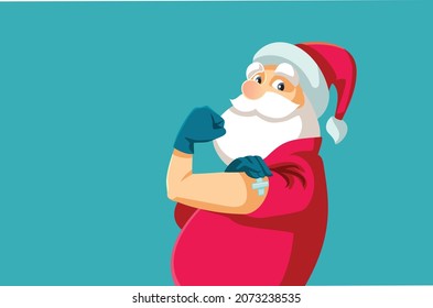 Santa Claus Showing Vaccinated Arm Vector Cartoon. Cheerful Santa being immunized against SARS-CoV-2 for safer holiday season
