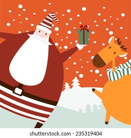 Santa Claus shows gift and standing next to a deer illustration