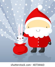  Santa Claus shows magic tricks with rabbit