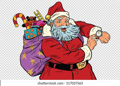 Santa Claus shows on the clock, New year and Christmas, pop art retro vector illustration. Checkered background to simulate transparency