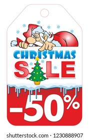 Santa Claus shows on a festive discount - the figure label of the Christmas sale. Vector