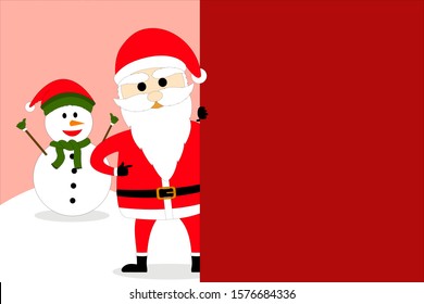 Santa Claus shows red space and snowman shows two hands in back on pink background.