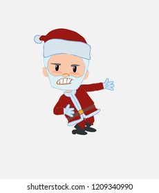 Santa Claus shows very angry something to his left.																									