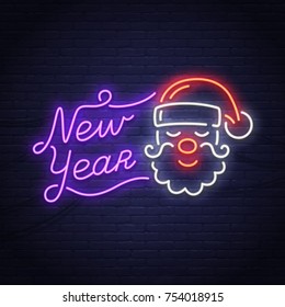 Santa claus sign. Neon sign. Merry Christmas and New Year banner, logo, emblem and label. Bright signboard, light banner. 