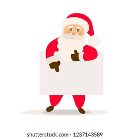 Santa Claus with signboard. Cute Santa standing behind a blank sign. Vector illustration. Advertising concept.