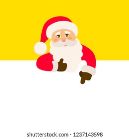 Santa Claus with signboard. Cute Santa standing behind a blank sign. Vector illustration. Business concept.
