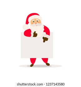 Santa Claus with signboard. Cute vector Santa standing behind a blank sign. 
