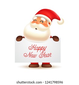 Santa Claus with signboard. Happy New Year!  Christmas greetings template vector illustration. Holiday vector background