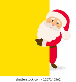 Santa Claus with signboard. Happy Santa standing behind a blank sign. Vector illustration