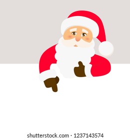 Santa Claus with signboard. Happy Santa standing behind a blank sign. Vector illustration. Advertising concept.