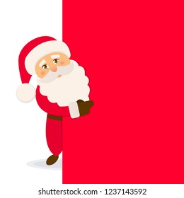 Santa Claus with signboard. Santa standing behind a blank sign. Vector Christmas illustration