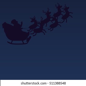 Santa Claus silhouette with deer. Santa driving sleigh on winter Christmas night. Snow, houses and moon on background. Copyspace for text.Vector illustration isolated on white,cartoon style