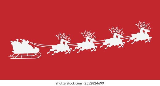 Santa Claus silhouette flying in a sleigh pulled by reindeers. Ideal festive design for Christmas or New Year decorations, laser cutting, wood carving, paper cutting, and printing projects.