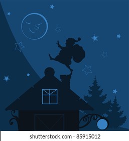 Santa Claus silhouette with gift on chimney christmas vector illustration