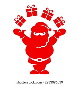 Santa Claus silhouette juggles gifts. Vector icon on transparent background